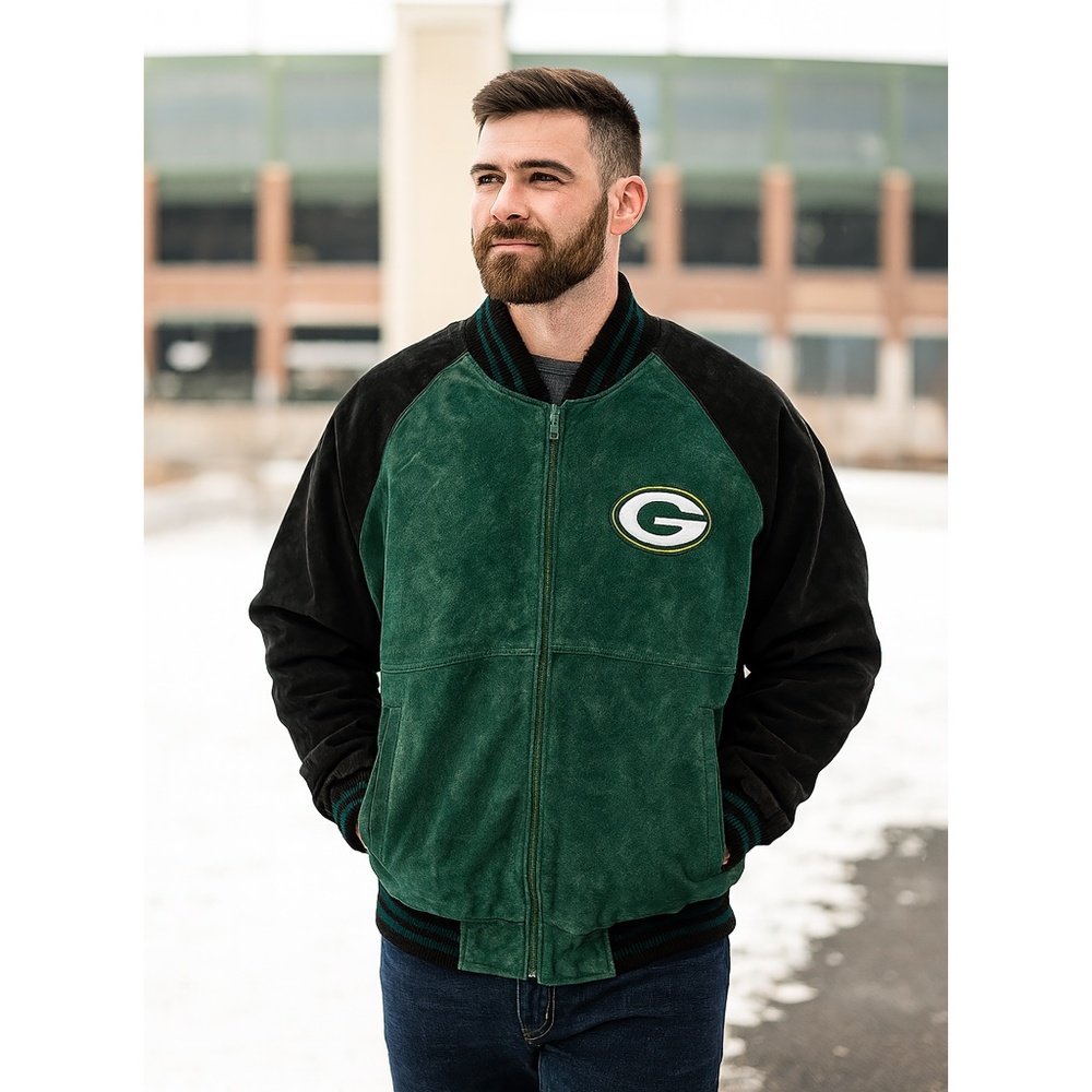 Green Bay Packers Vintage NFL Green Leather Varsity Jacket XL Embroidered Logos